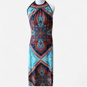 VENUS Vibrant Blue and Red Halter Maxi Dress